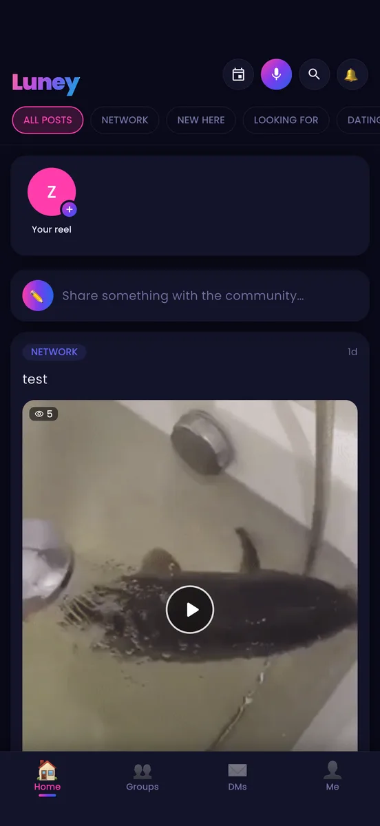 Luney home feed, with community post categories, a reels row, and the bottom navigation bar