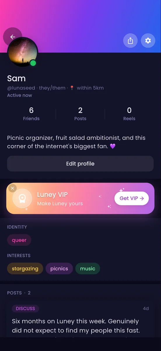 Luney profile screen in dark mode, with pronouns, identity and interest tags, and recent posts